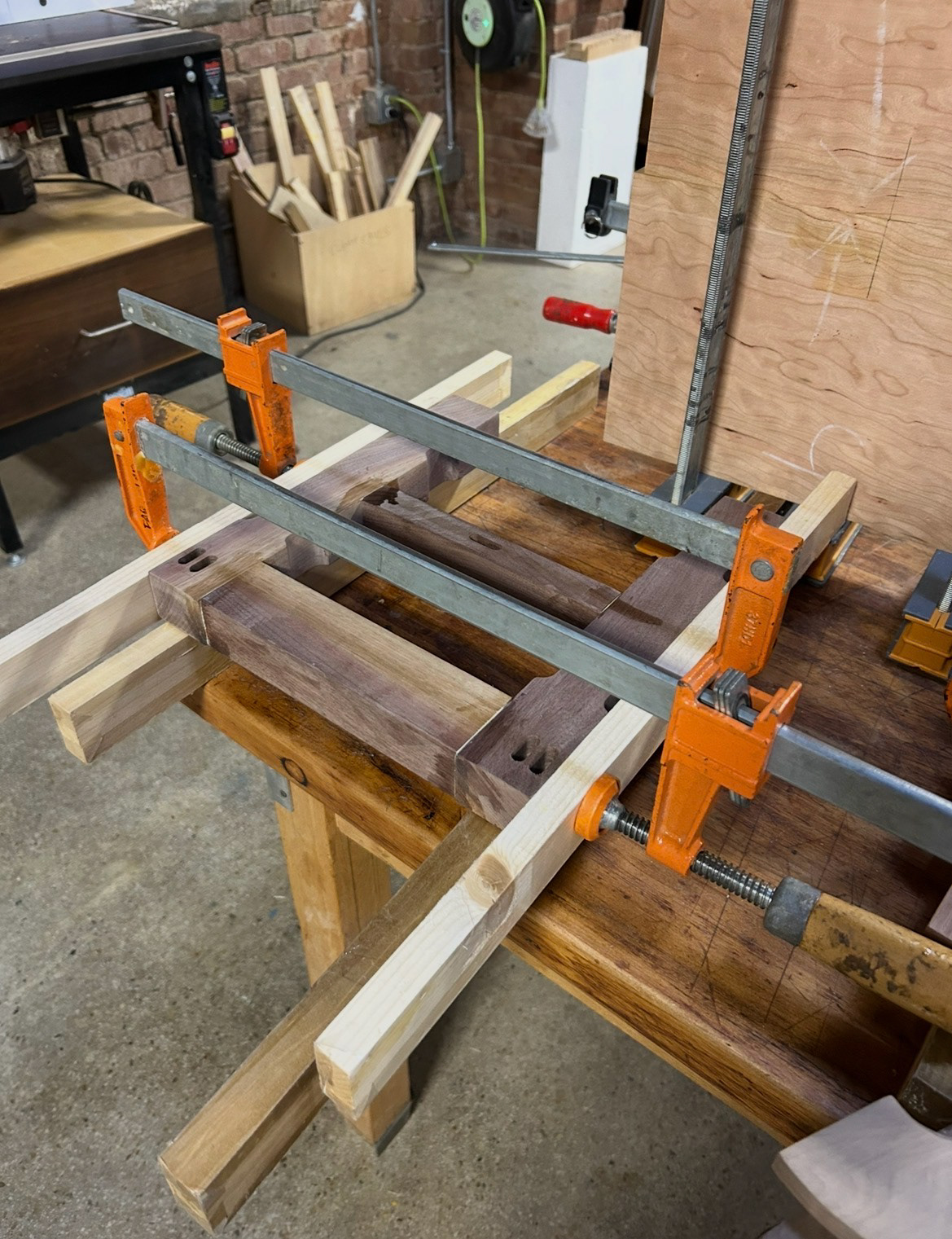 Image 45 | Glue-up and Clamping of the Columnar Legs and Adjacent Short Apron Piece and Stretcher Bar