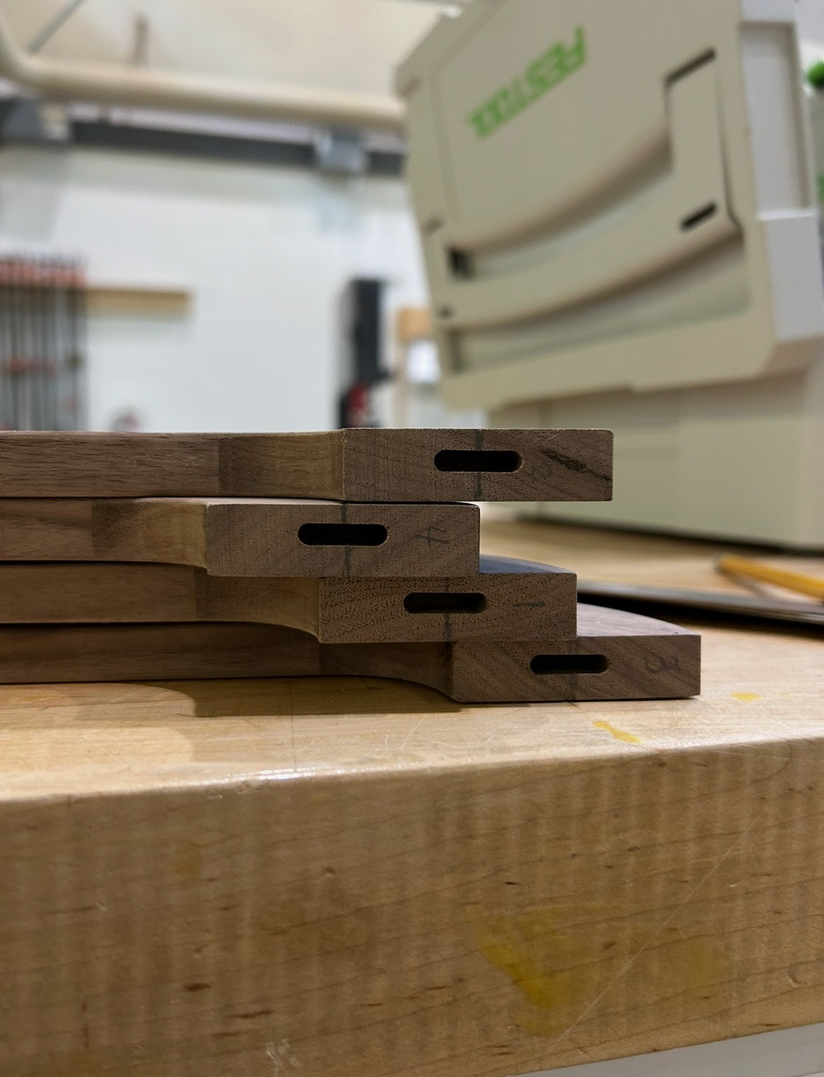 Image 38 | Using the Domino Tool to Cut 4x20 Floating Mortise and Tenon Joints at the Connection Edge Between the S-curve Leg Pieces and the Main Footstool Assembly