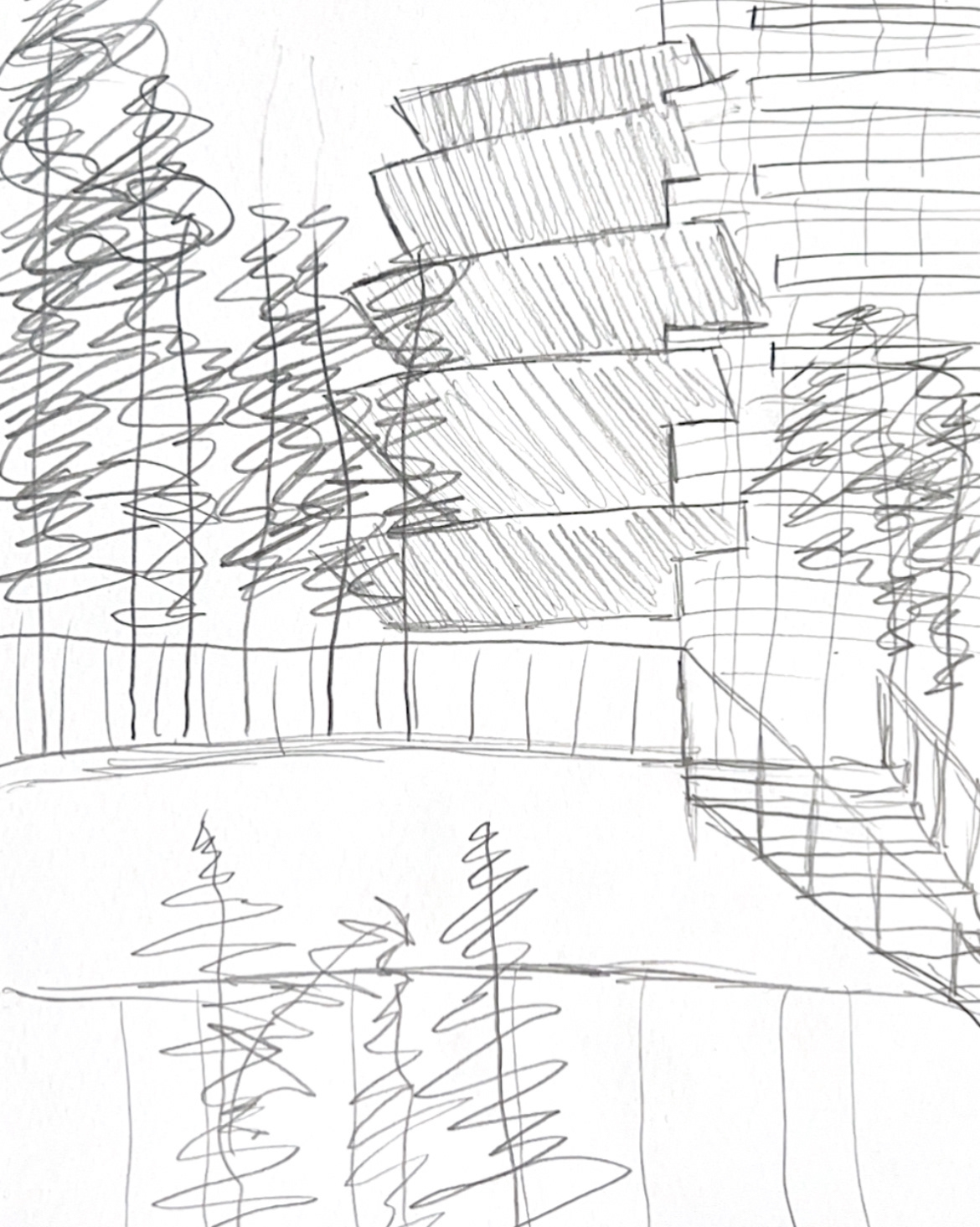 Sketch of the exterior stairs at the Thousand Kyoto Hotel.