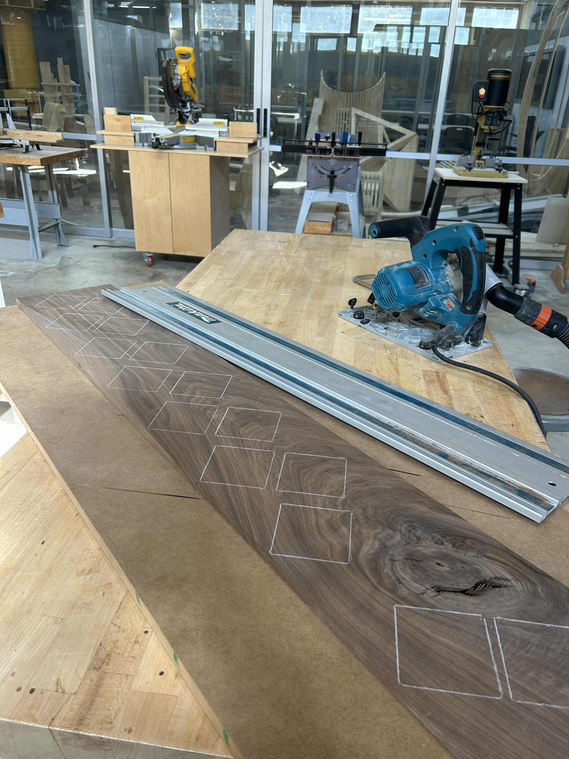 Image 11 | Drawing 3”x3” Squares for the Curved Sections of the S-curve Legs with the Grain Flowing Diagonally Along the Square