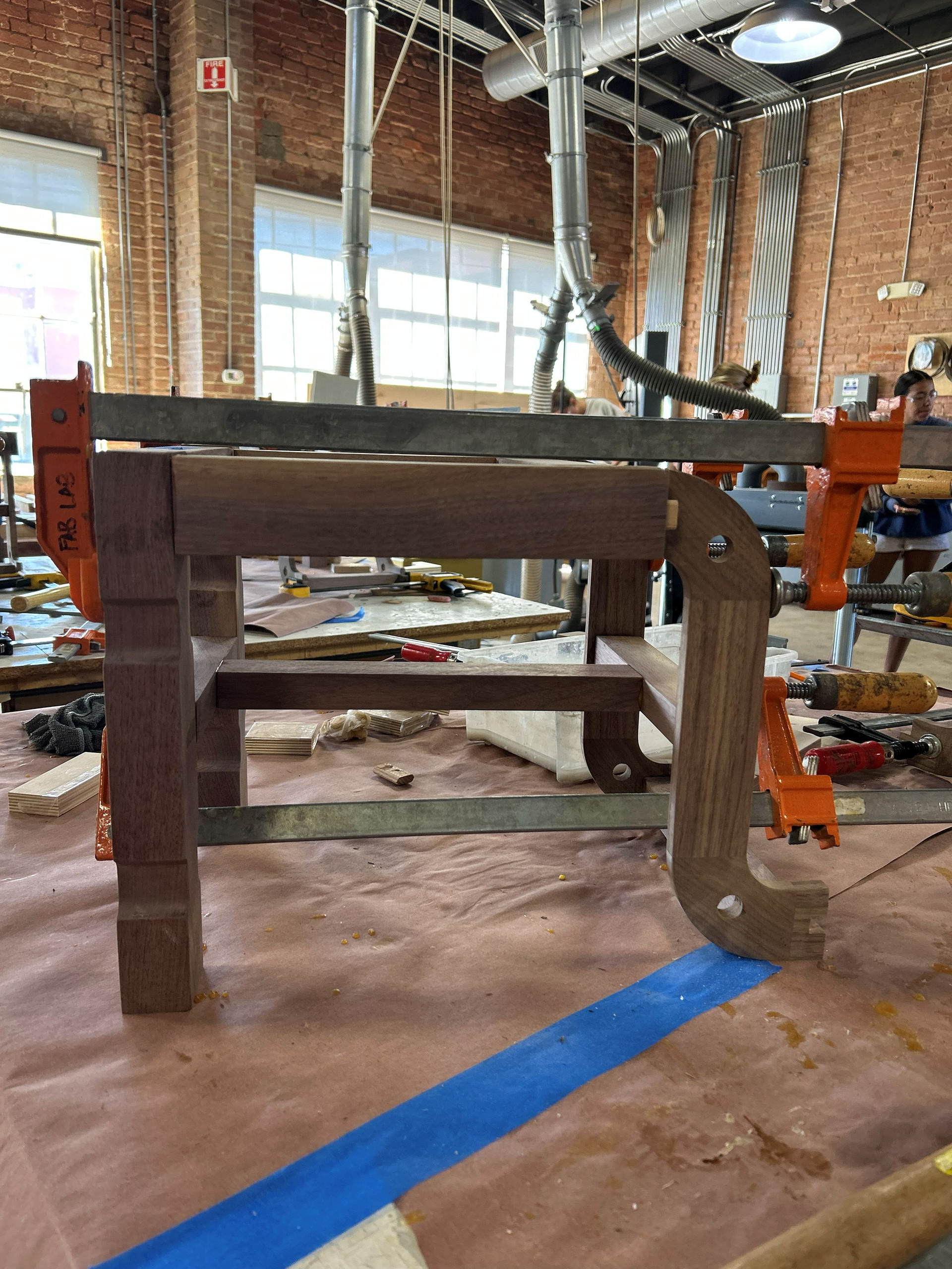 Image 48 | Glue-up and Clamping of Interior S-curve Section, Long Stretcher Bar, and Main Columnar Section of the Footstool Assembly