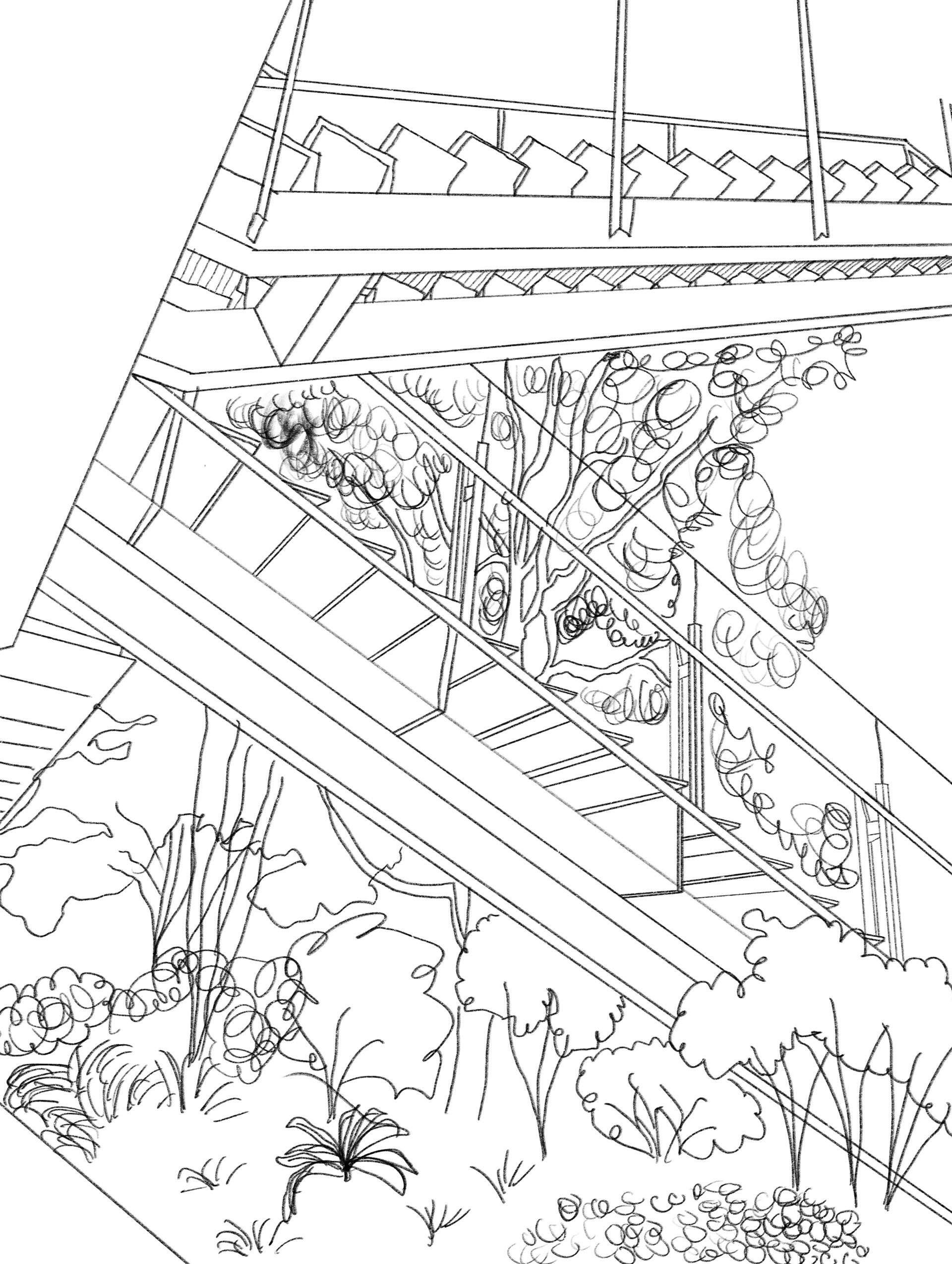 Sketch of an exterior staircase inside the courtyard at the Ace Hotel.