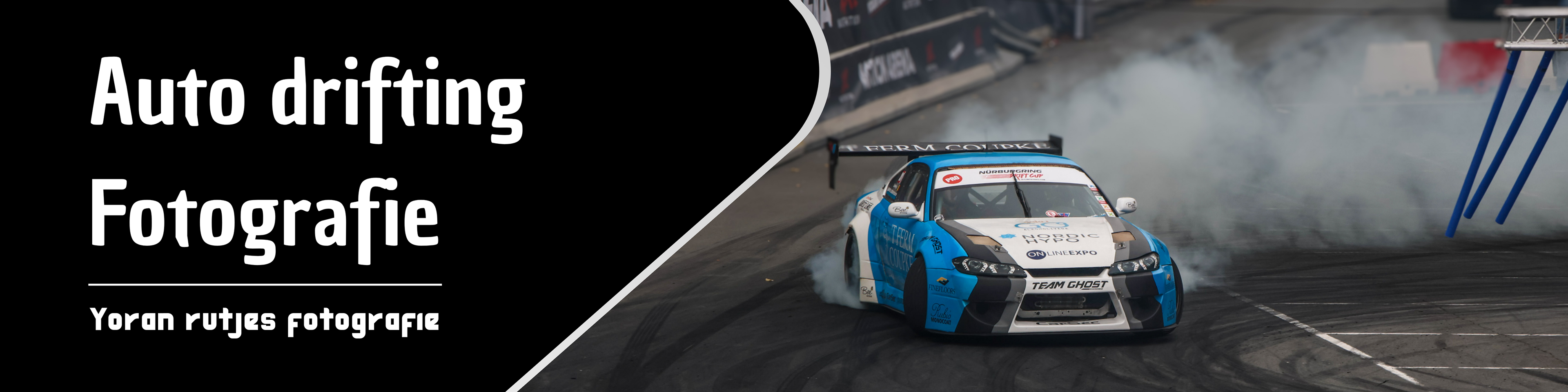 Dit is de banner van de 'Auto drifting fotografie' pagina van shotsbyrutjes. Actie. Cardrifting, Yoran Rutjes. Foto's