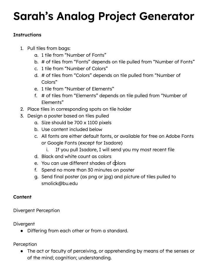 The instructions for this exercise given to my classmates.
