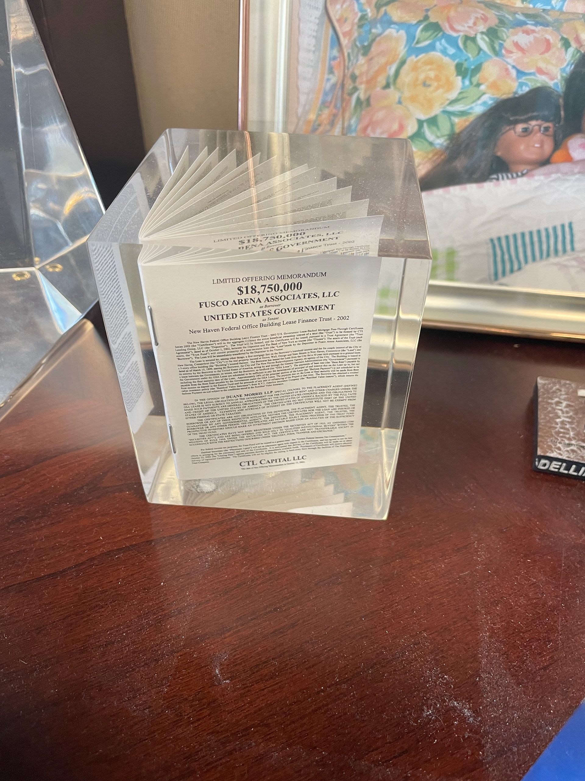 The lucite tombstone in my dad’s office that inspired this project.