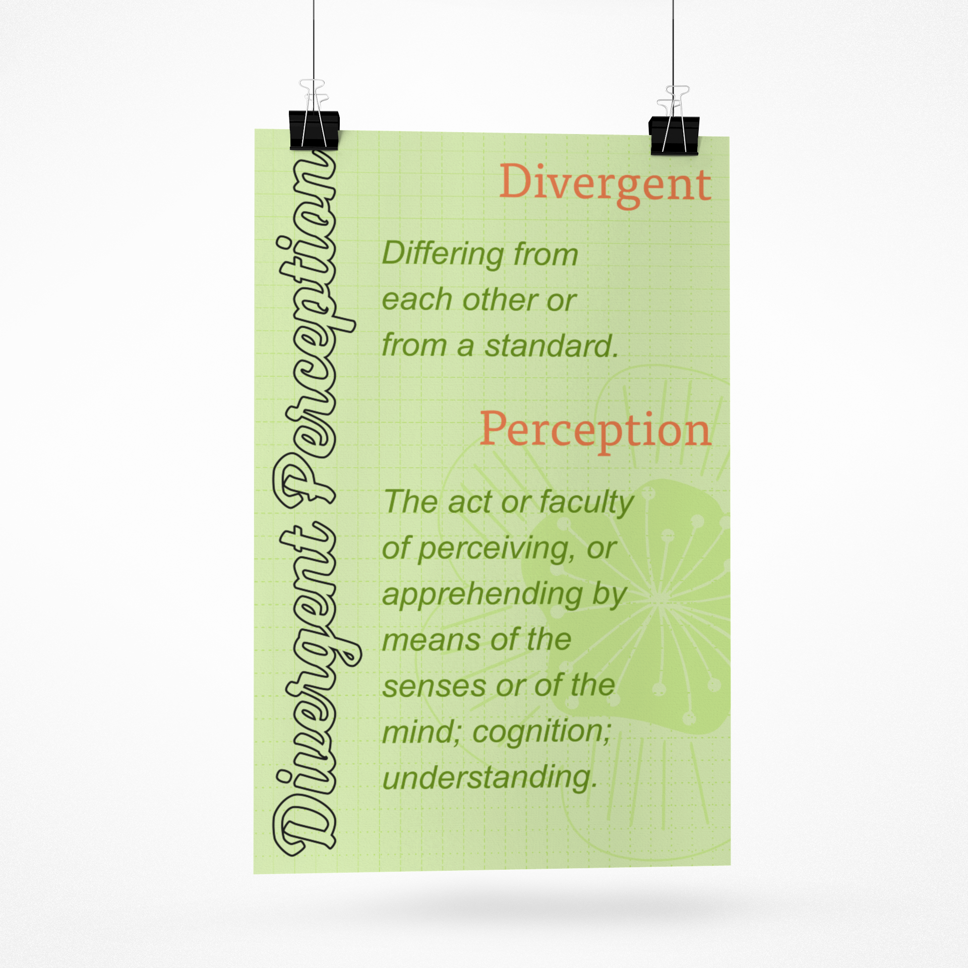 Sarah Olick: Number of Fonts: 3 Fonts: Arial, Voltage, Tisa Number of Colors: 3 Colors: Green, Black, Orange Number of Elements: 4 Elements: Floral, Dot, Grid, Outline