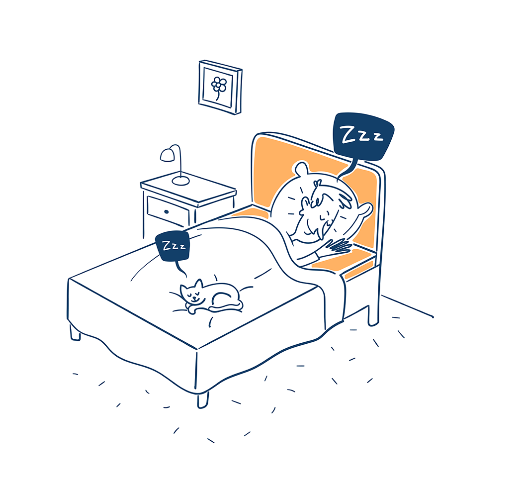 dessin d'un homme en train de dormir dans un lit avec un chat sur la couette