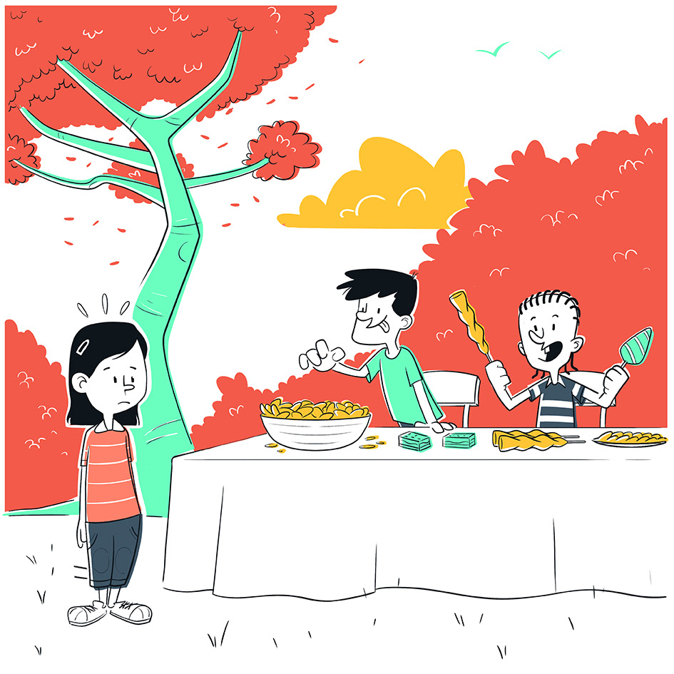 dessin d'une petite fille souffrant d'allergie ne pouvant pas manger la même chose que ses amis