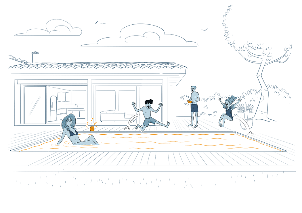 dessin d'une famille autour de la piscine dans le jardin