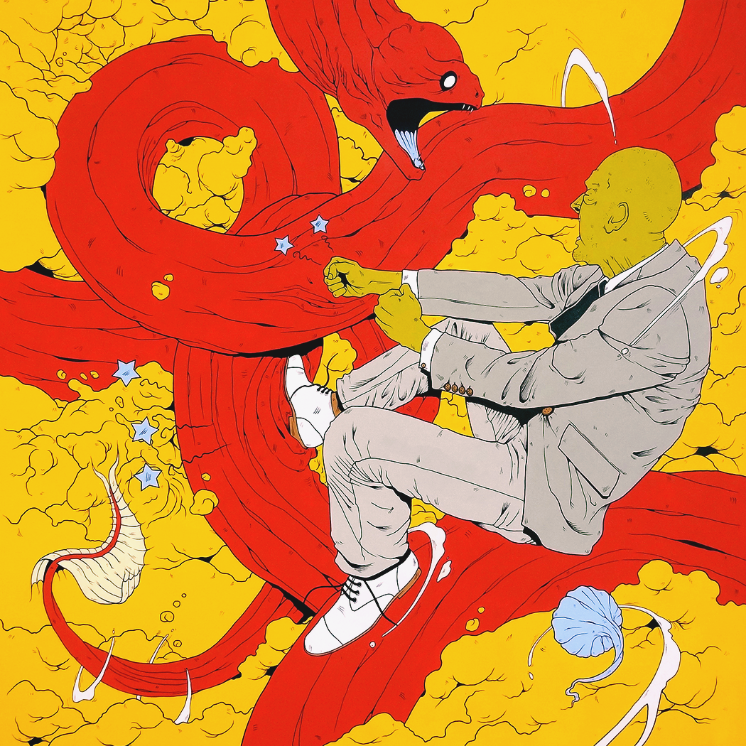 illustration murène rouge nuages jaunes et homme en costume gris