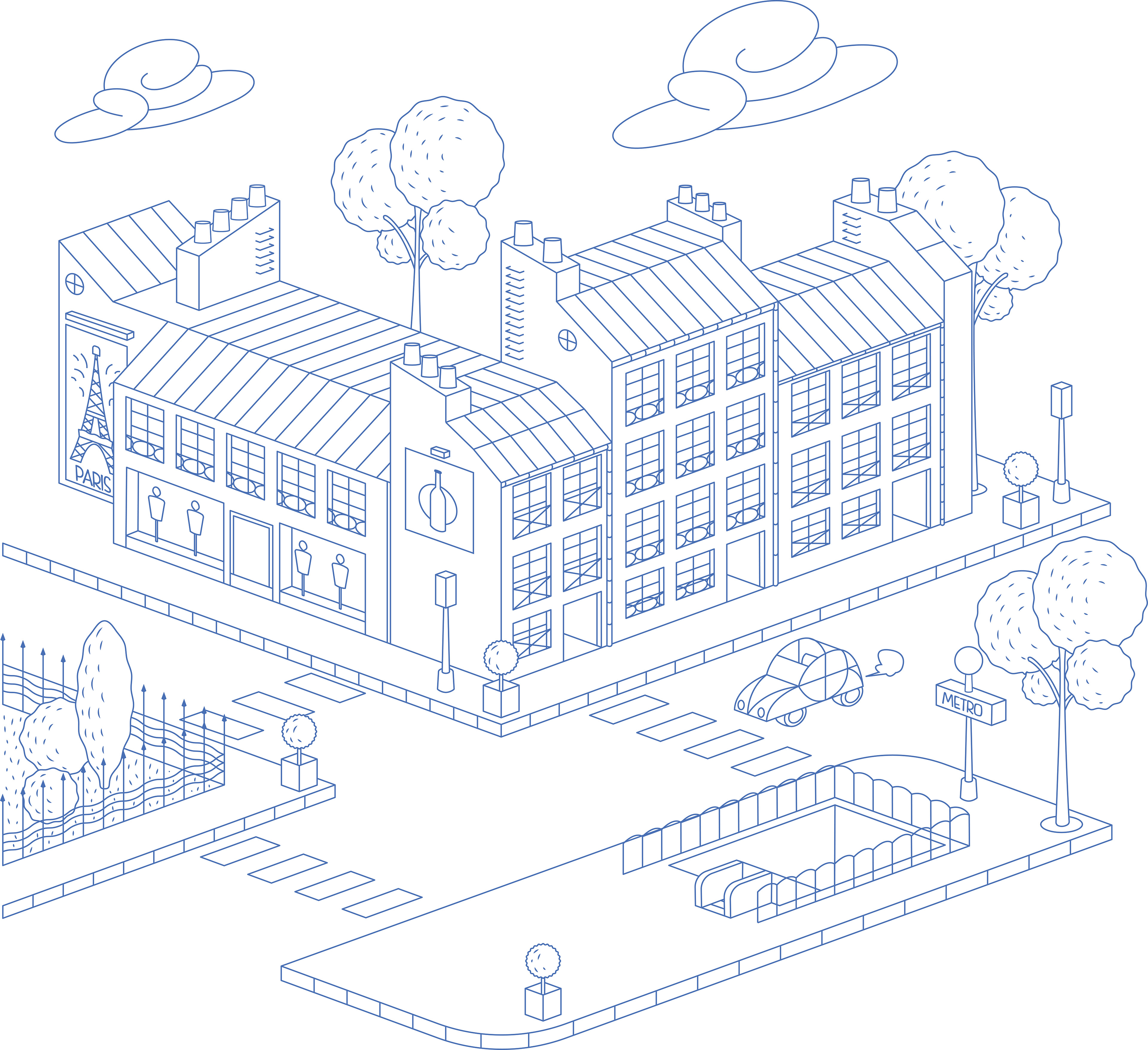 dessin d'un décor parisien en vue isométrique
