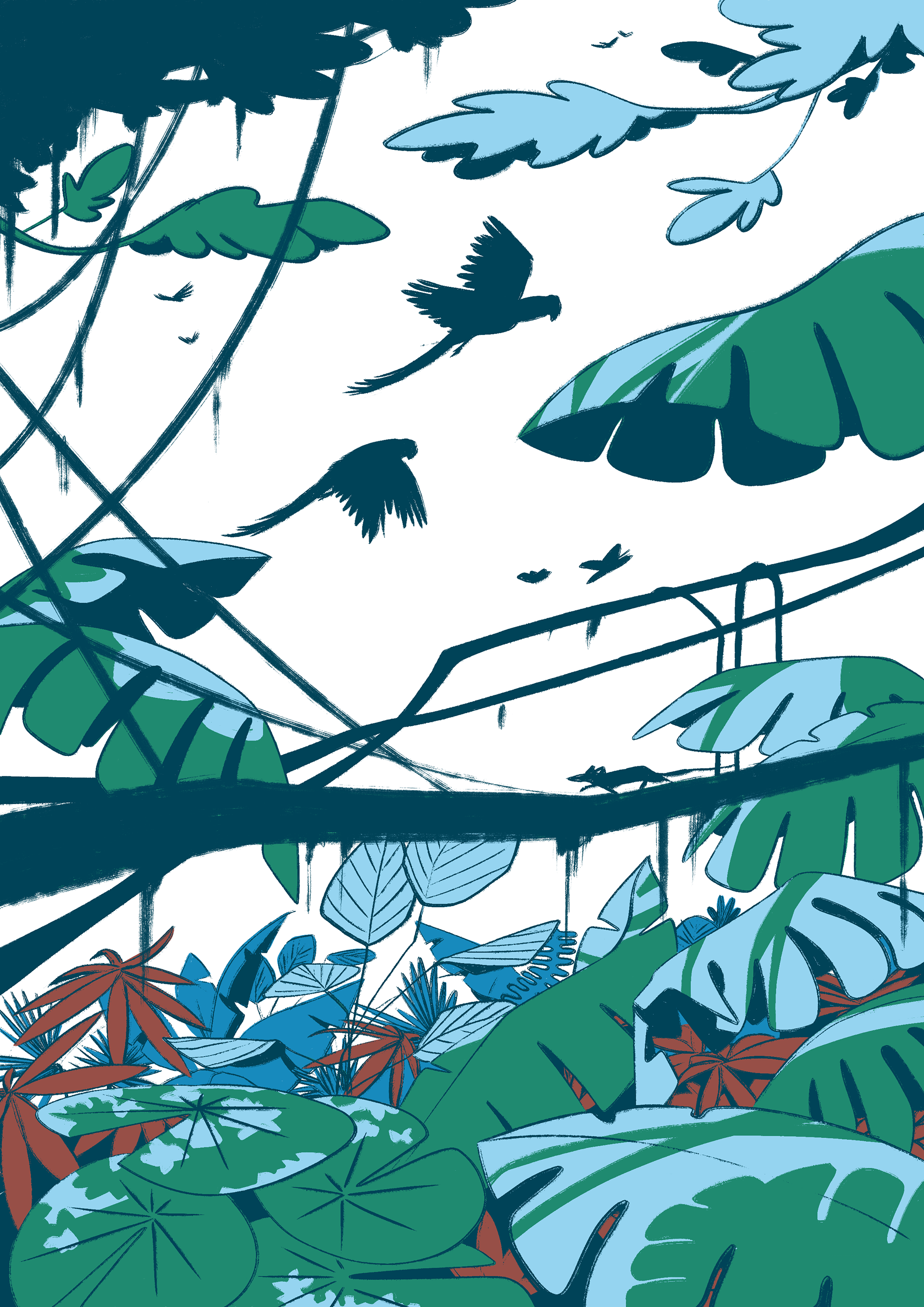 décor de jungle en silhouette avec perroquet