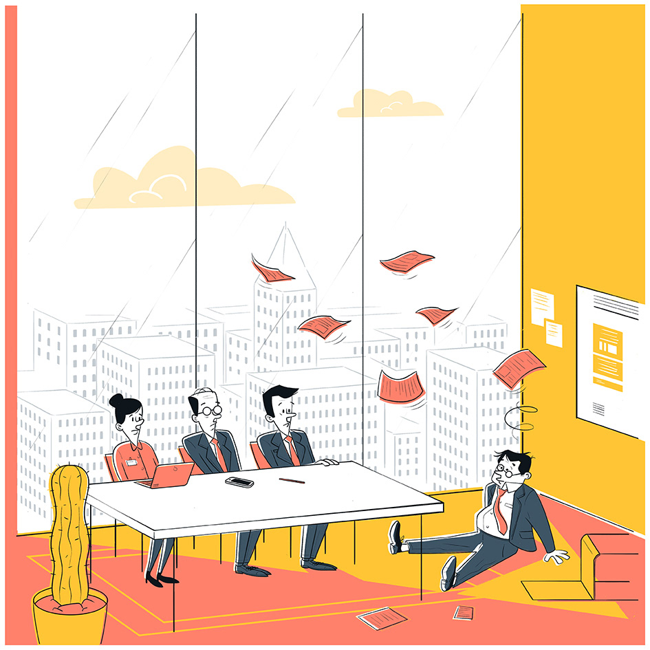 dessin d'un homme d'affaire tombé par terre après avoir éternué