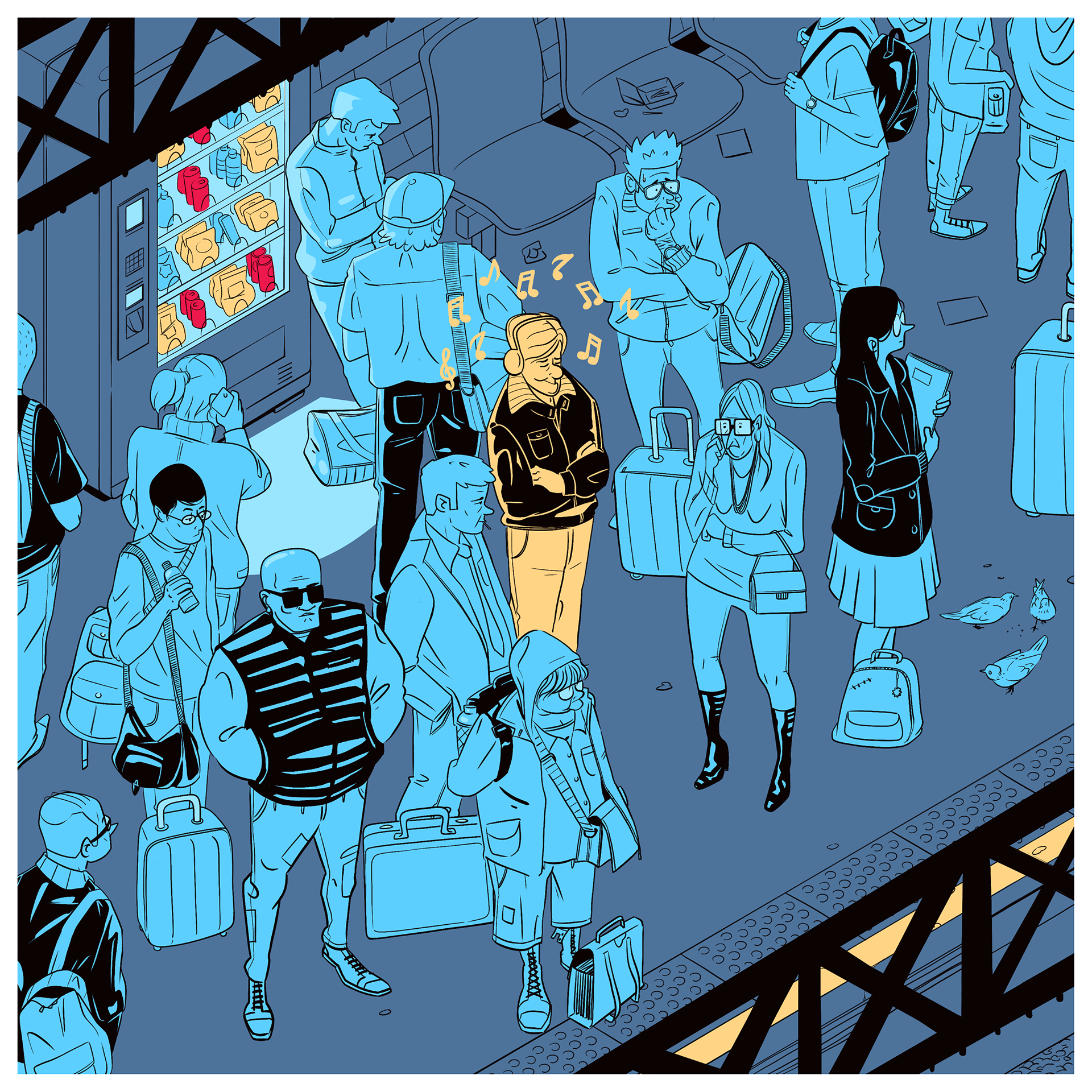 homme seul écoutant de la musique dans le métro parisien