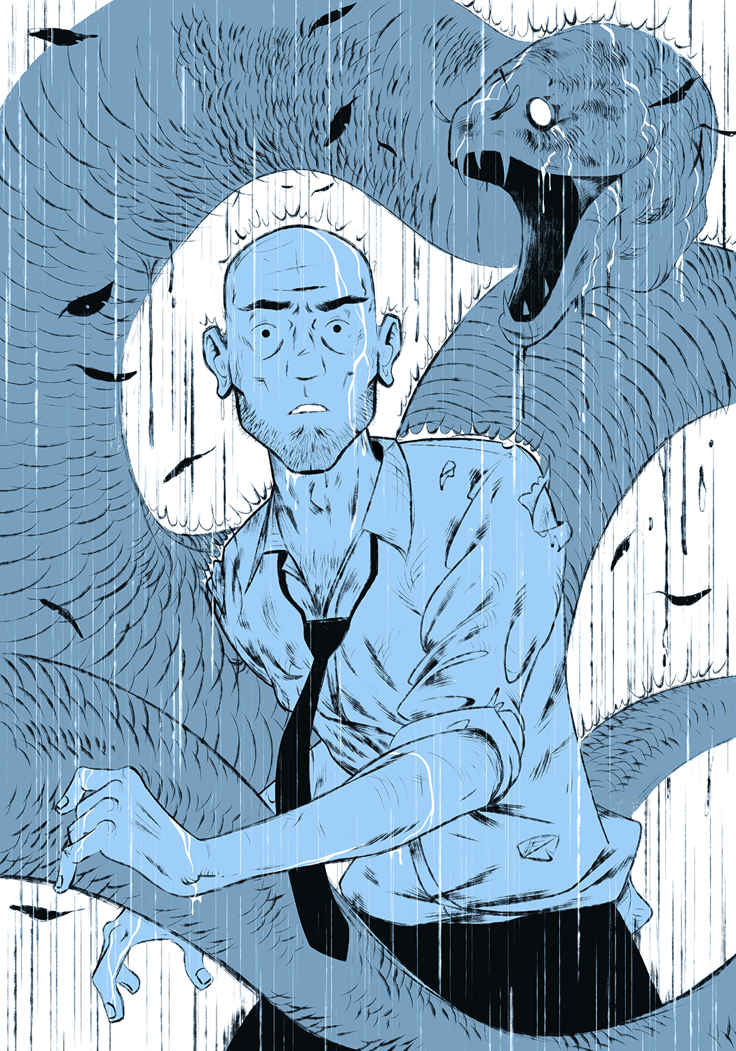 illustration murène géante derrière un homme en costume