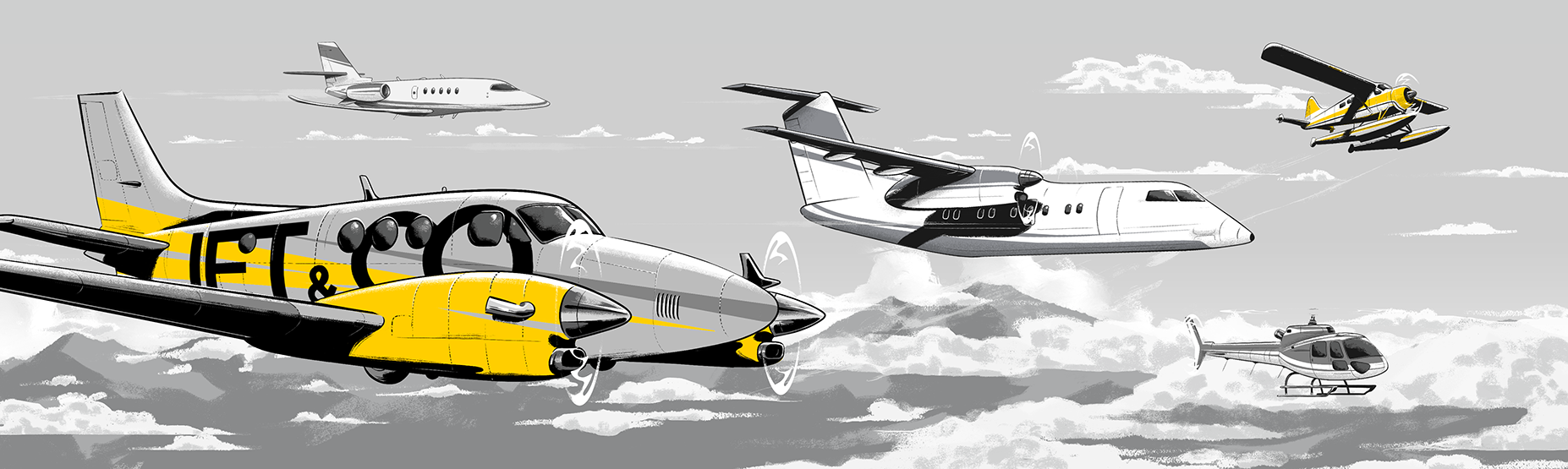 dessin d'un king air et autres avions volant au dessus des nuages en noir et blanc