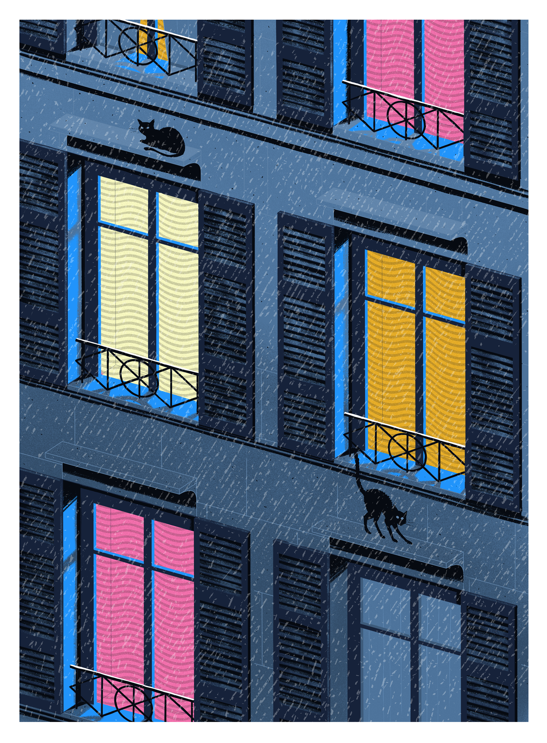 façade d'immeuble parisien avec chats sur le rebord de fenêtre