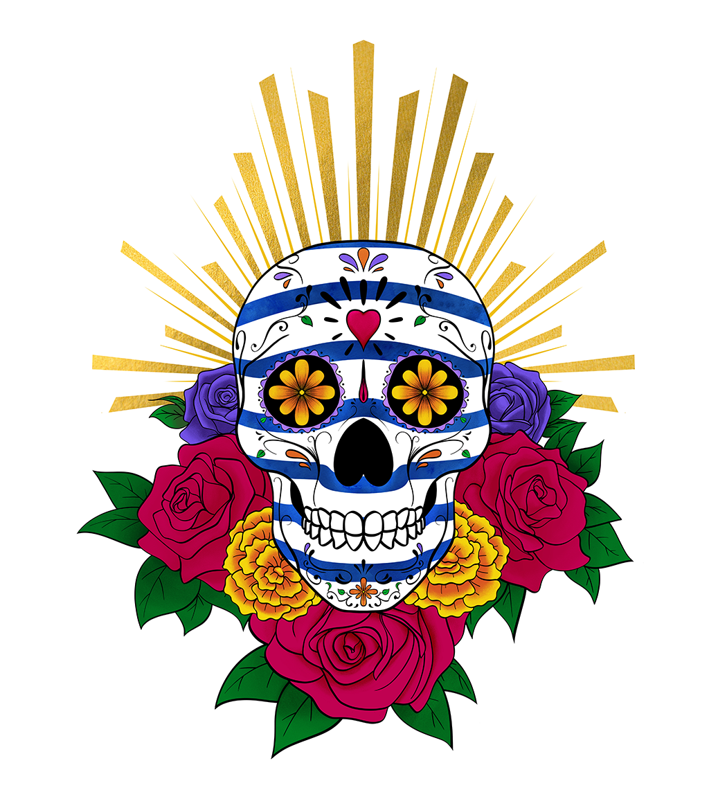 crâne mexicain de la fête des mort avec fleur et couronne dorée