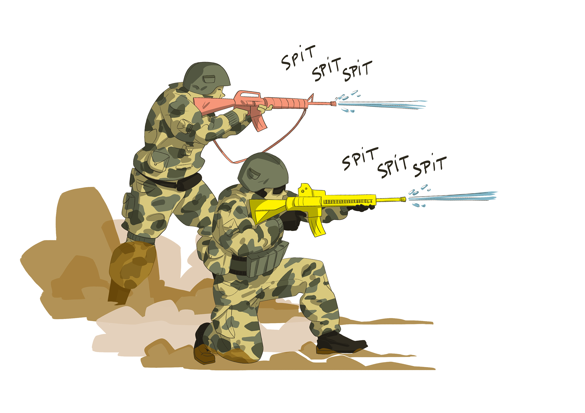 dessin de soldats tirant avec des pistolets à eau