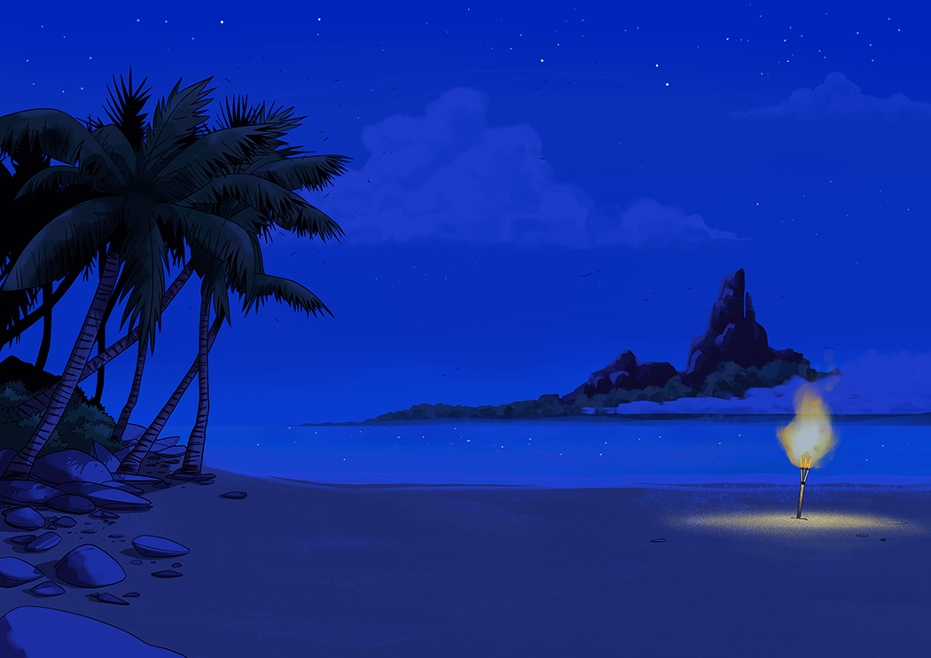 cocotier et plage île déserte avec torche sur la plage