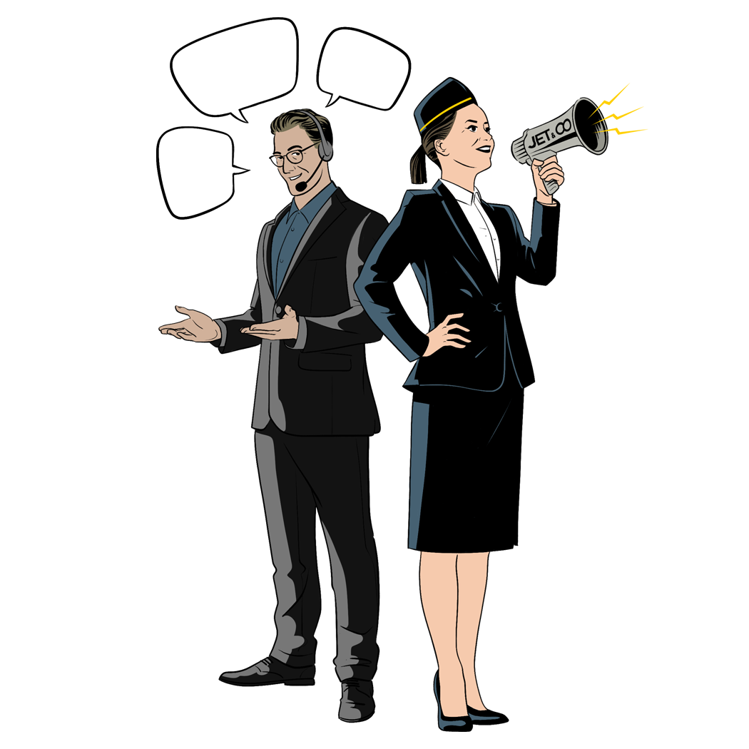 dessin d'une hôtesse de l'air avec un mégaphone relayant les messages d'un opérateur téléphonique