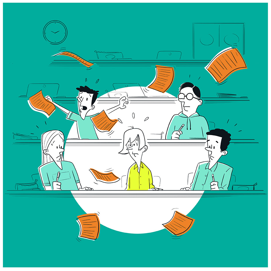 dessin d'une étudiante sonnée après avoir éternué