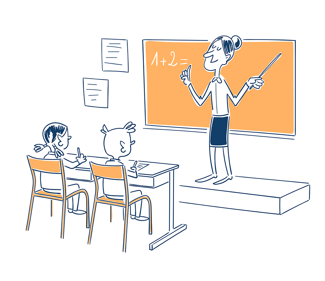 dessin d'une maîtresse d'école apprenant à des écoliers