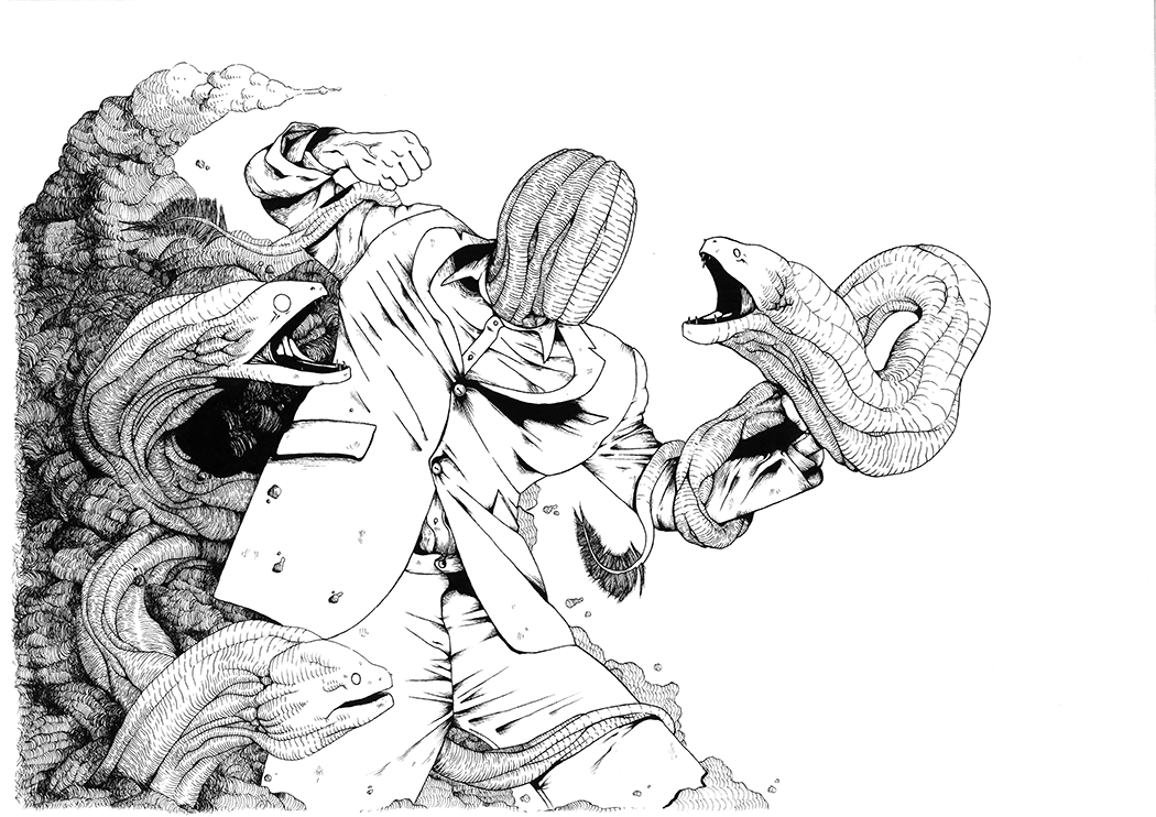 illustration noir et blanc murène avec homme en costume