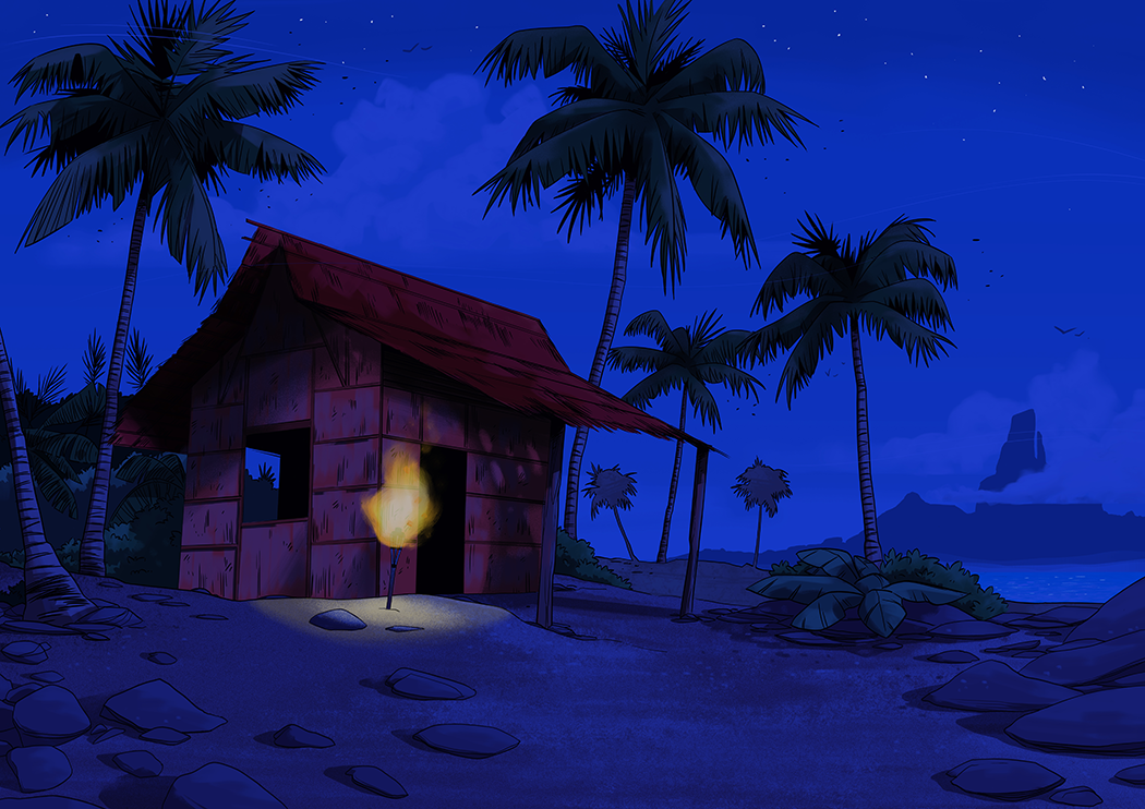 hutte sur la plage d'une île déserte sous les étoiles