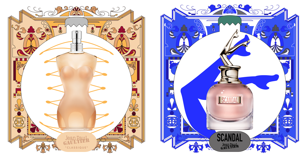 motifs baroques jaune et bleu avec flacons de parfums