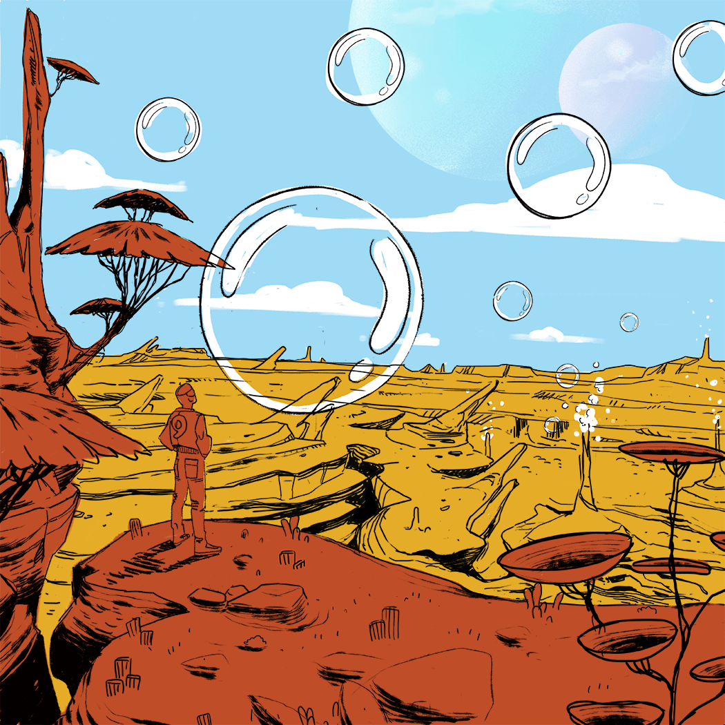 croquis d'un explorateur regardant une bulle flottant sur une planète inconnue