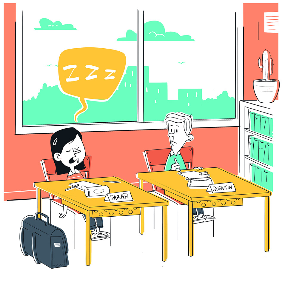 dessin d'une écolière en train de dormir en classe