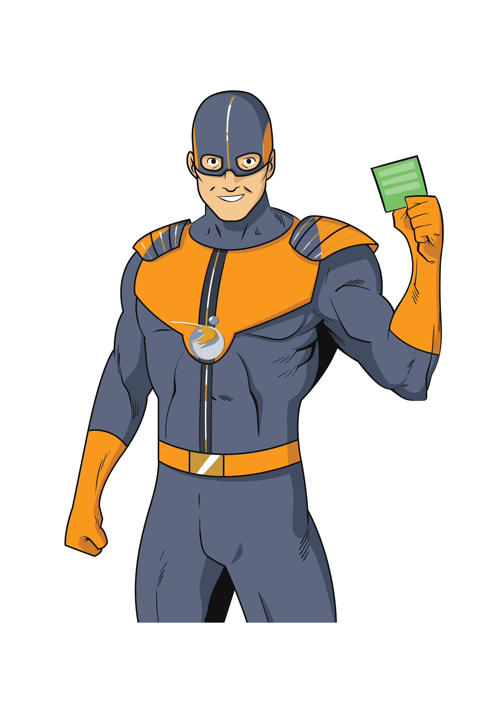dessin d'un super héros avec carte verte mascotte assurpeople