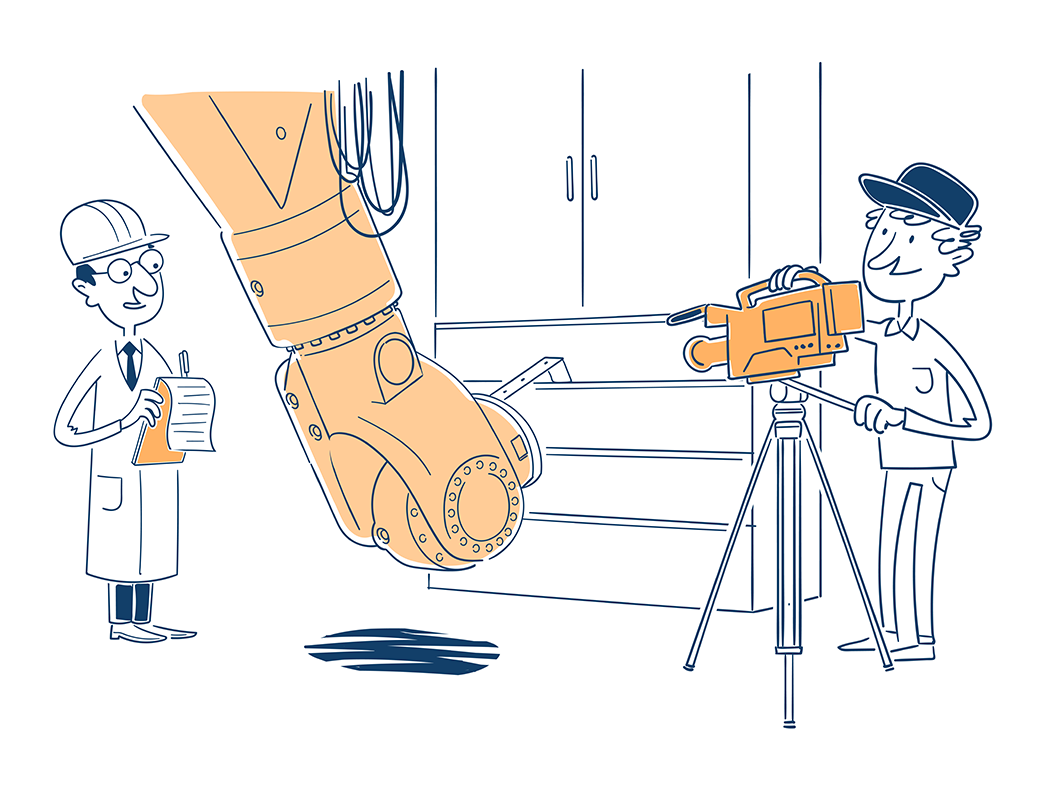 dessin d'un technicien et d'un cameraman testant la conformité d'un meuble