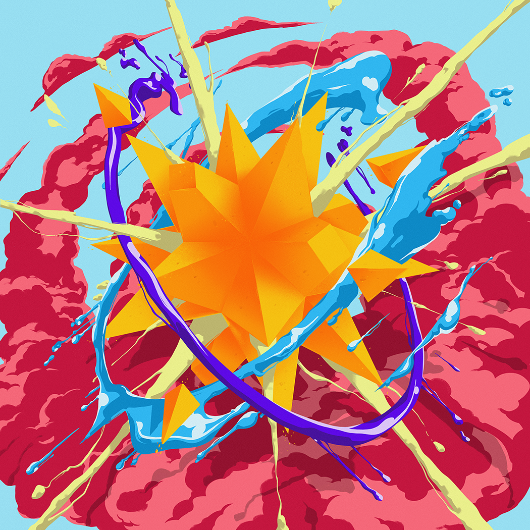 explosion d'un polygone avec projection de fumée et de liquide