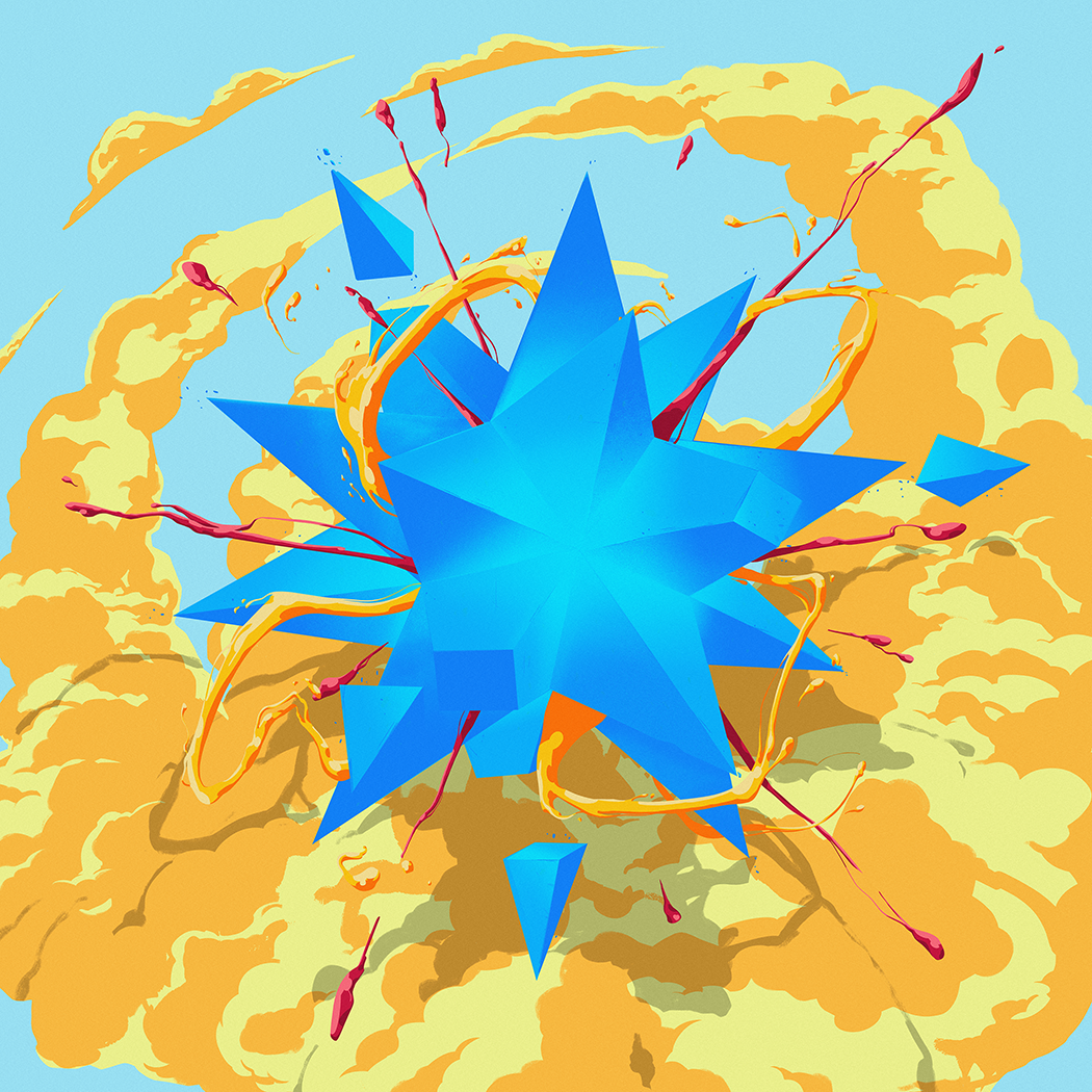 explosion d'un polygone avec projection de fumée et de liquide