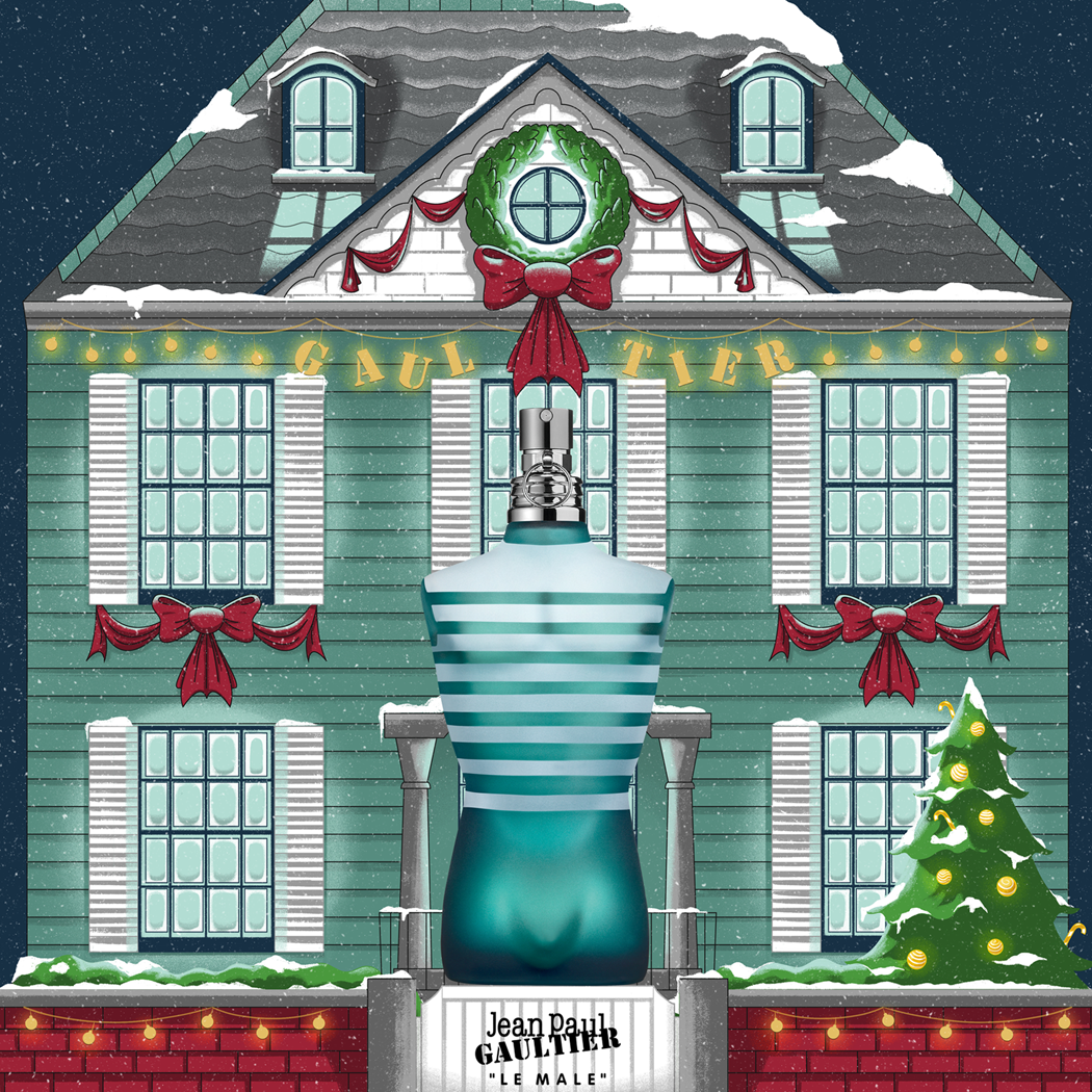 maison américaine décorée sous la neige à noël avec flacon de parfum