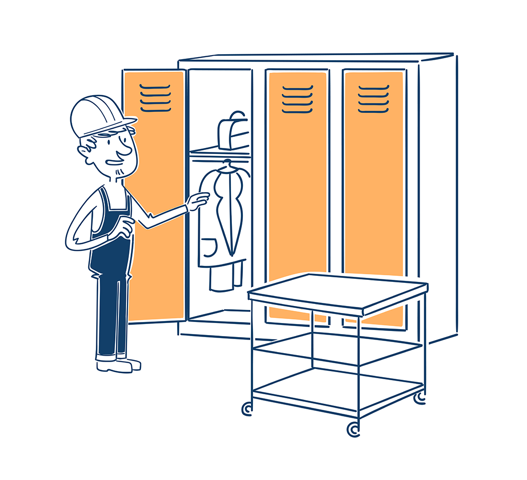 dessin d'un ouvrier rangeant ses affaires dans un vestiaire