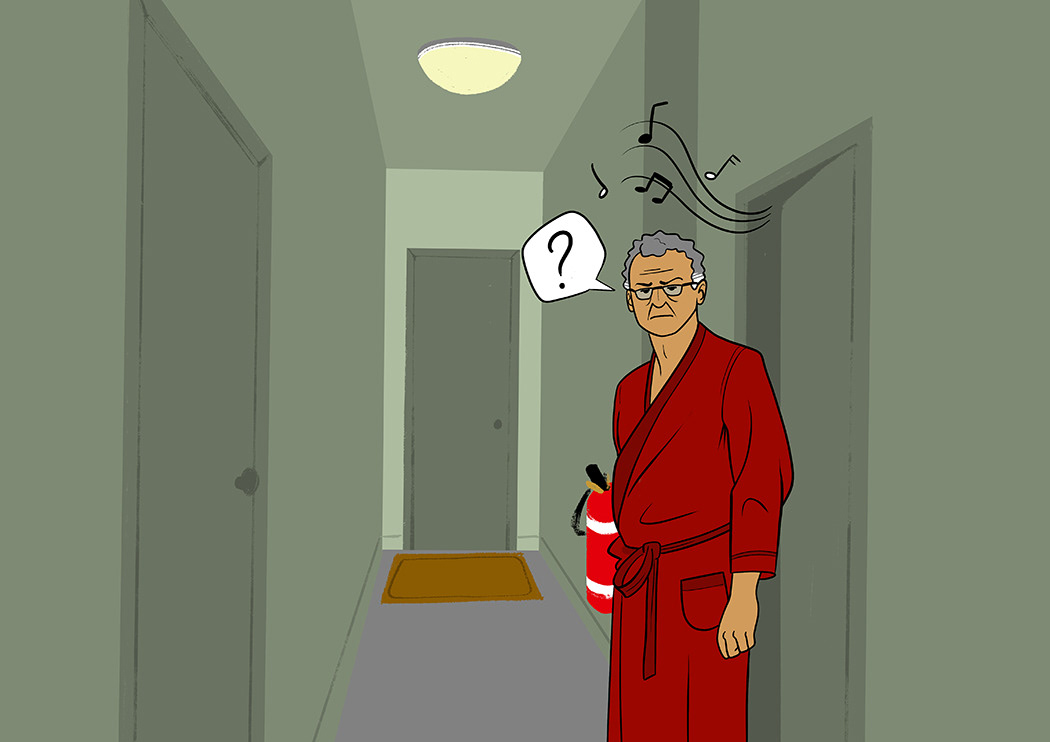 dessin d'un locataire énervé en robe de chambre dans le couloir d'un immeuble