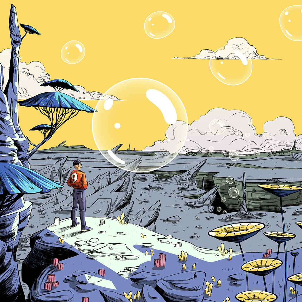 illustration d'un explorateur regardant une bulle flottant sur une planète inconnue