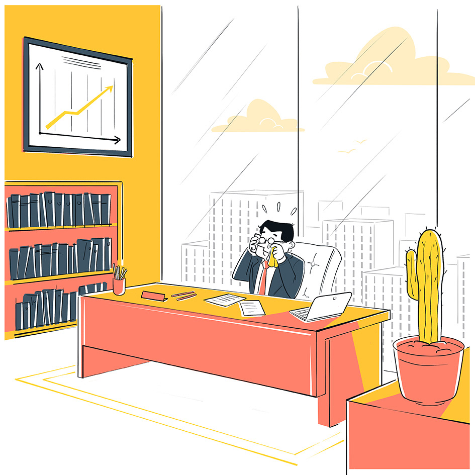 dessin d'un homme en costume dans son bureau souffrant d'allergie