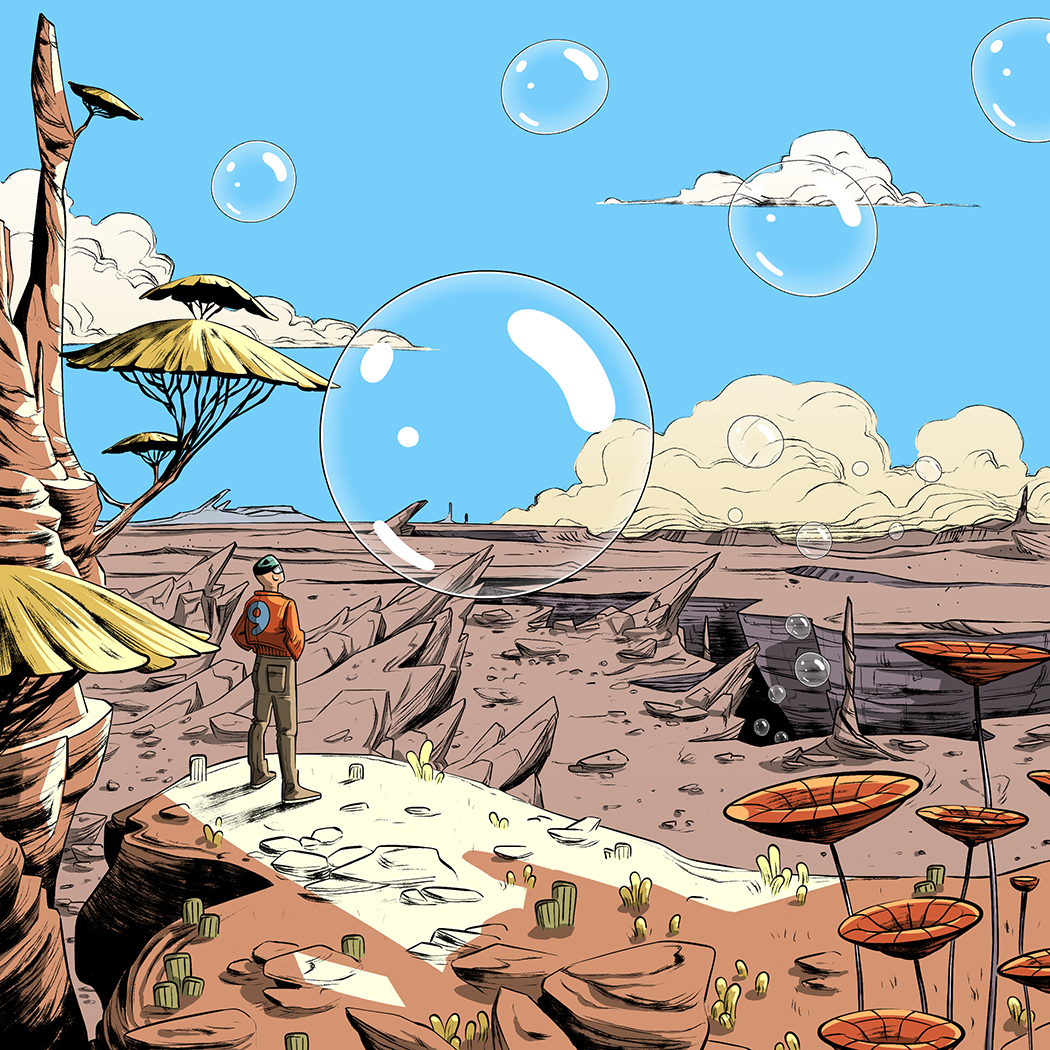 illustration d'un explorateur regardant une bulle flottant sur une planète inconnue