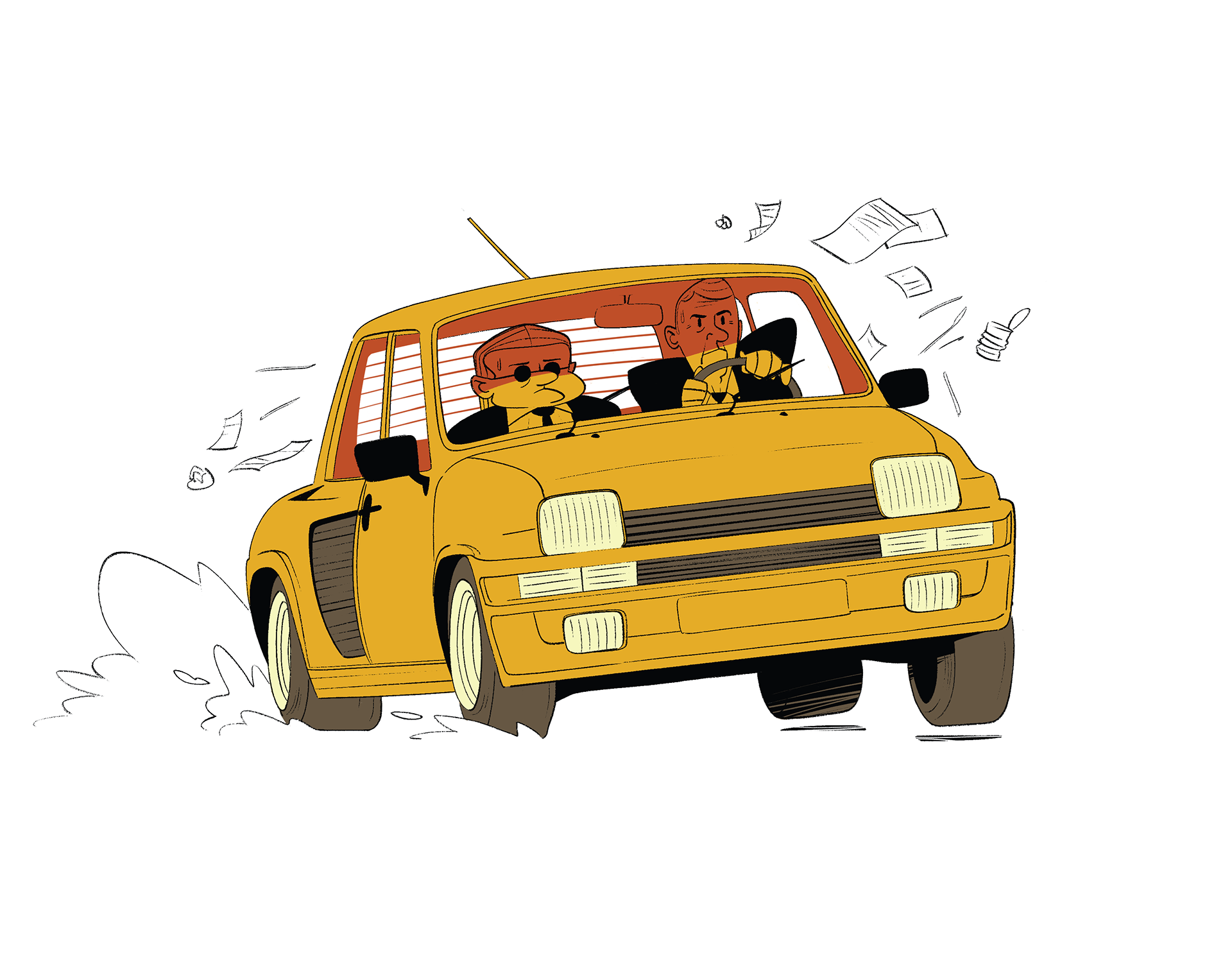 dessin de deux hommes en costumes dans une super 5 turbo jaune