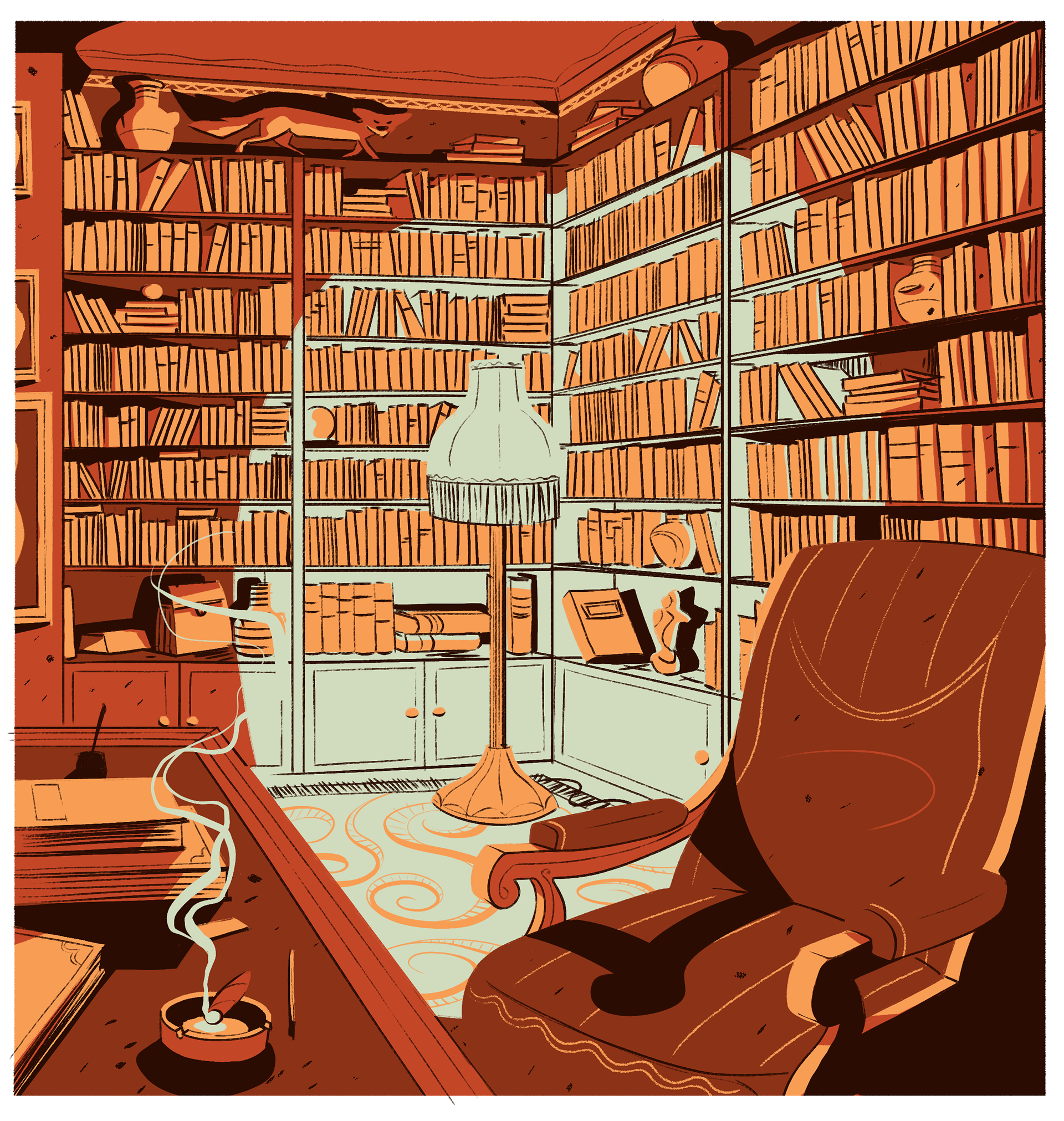 Bureau bibliothèque cosy avec cigare fumant dans le cendrier