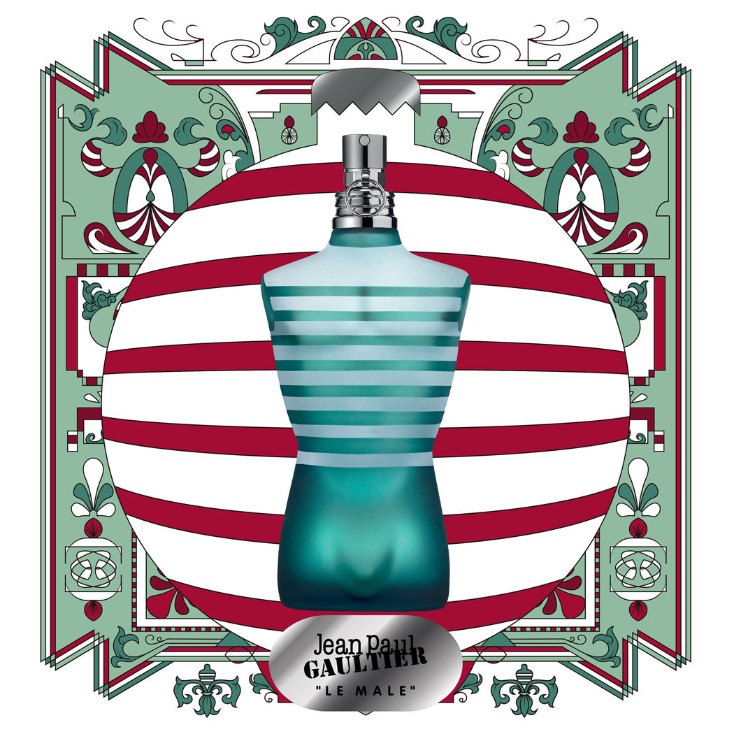 motif baroque rouge et vert avec flacon de parfum