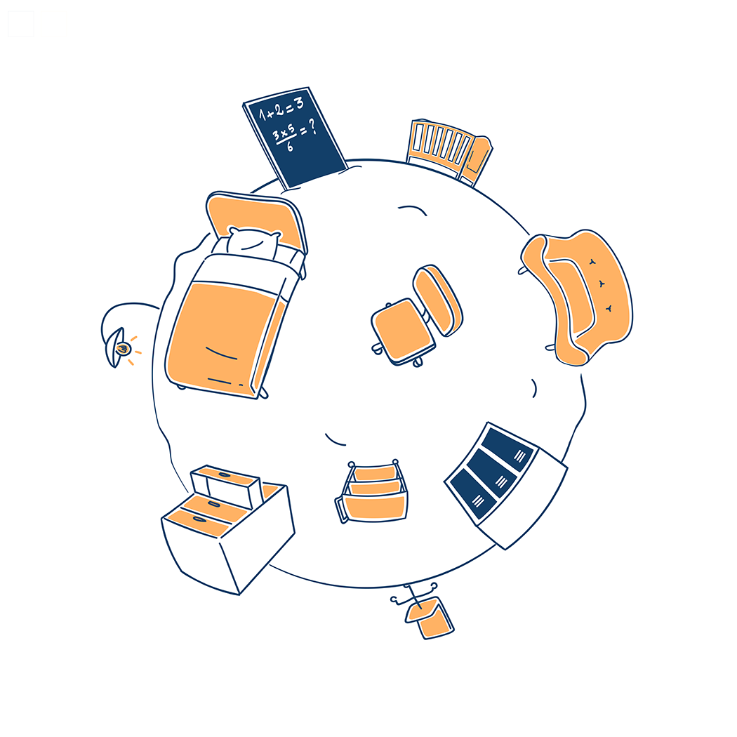 dessin d'une planète avec meubles autour 