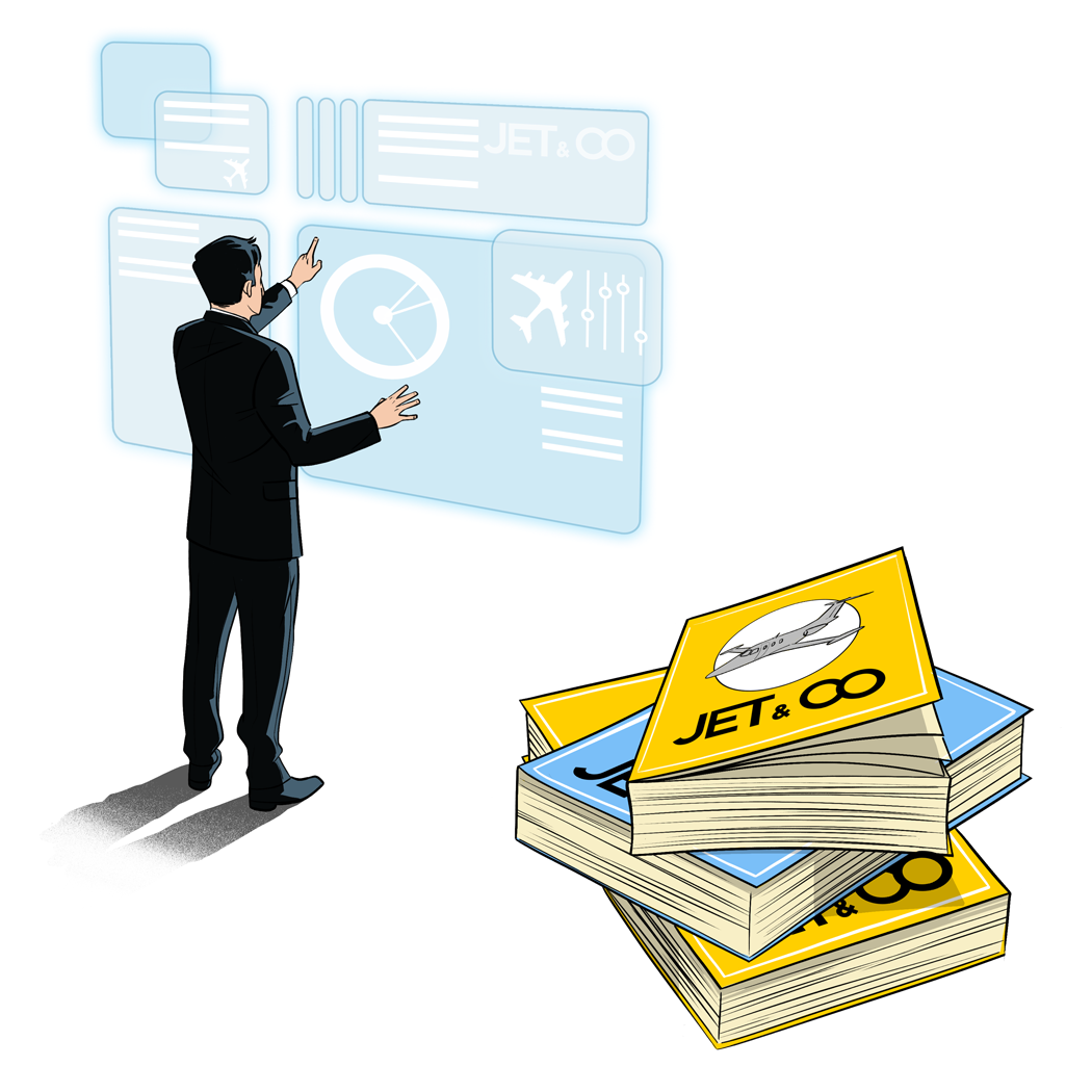 dessin d'un homme d'affaire en costume devant un écran holographique