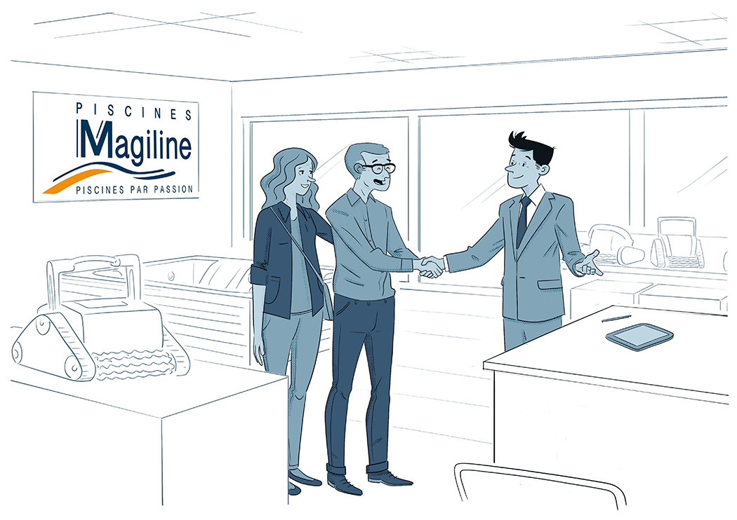 dessin d'un couple achetant une piscine