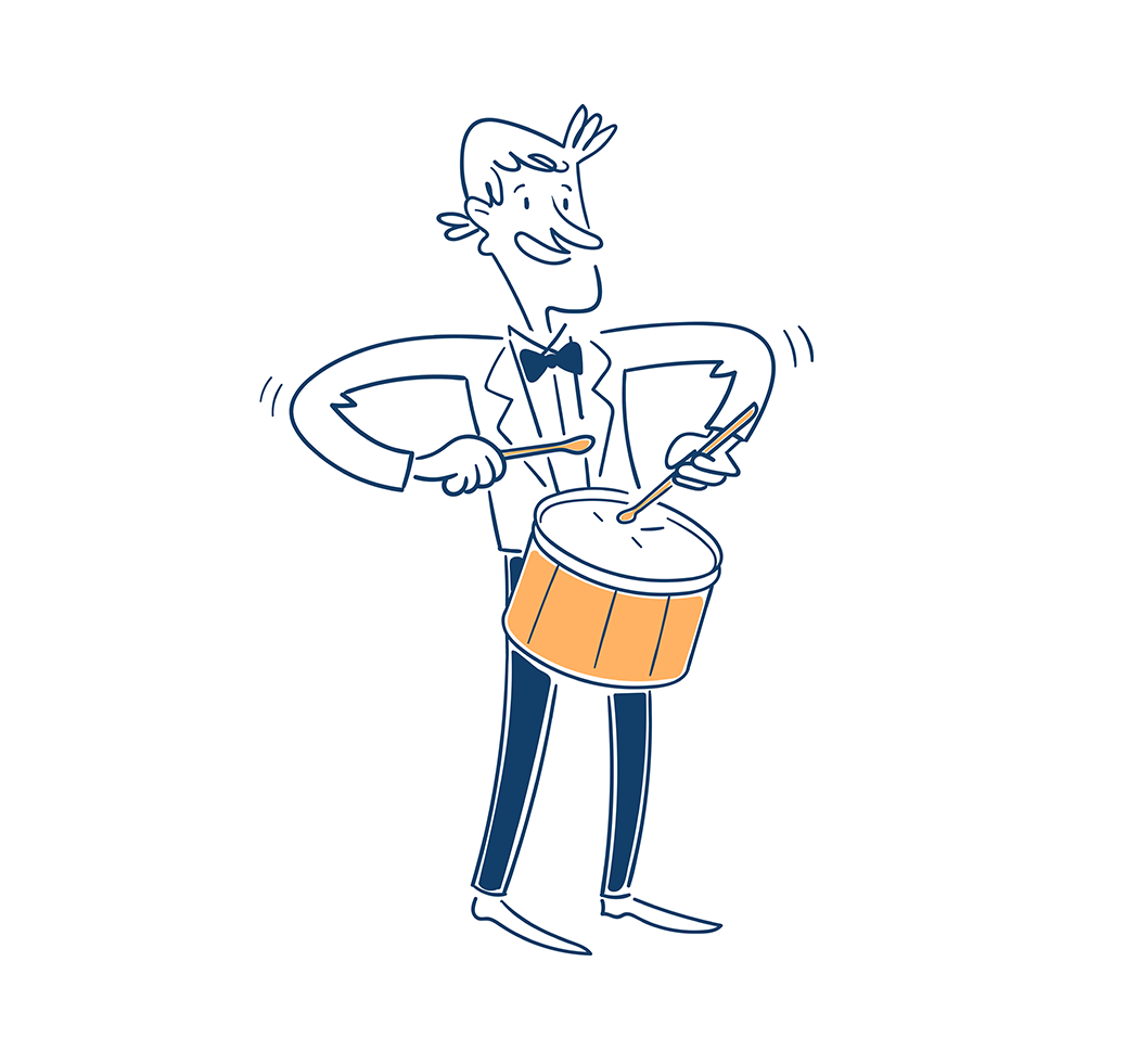 dessin d'un homme en costume noeud papillon jouant du tambour