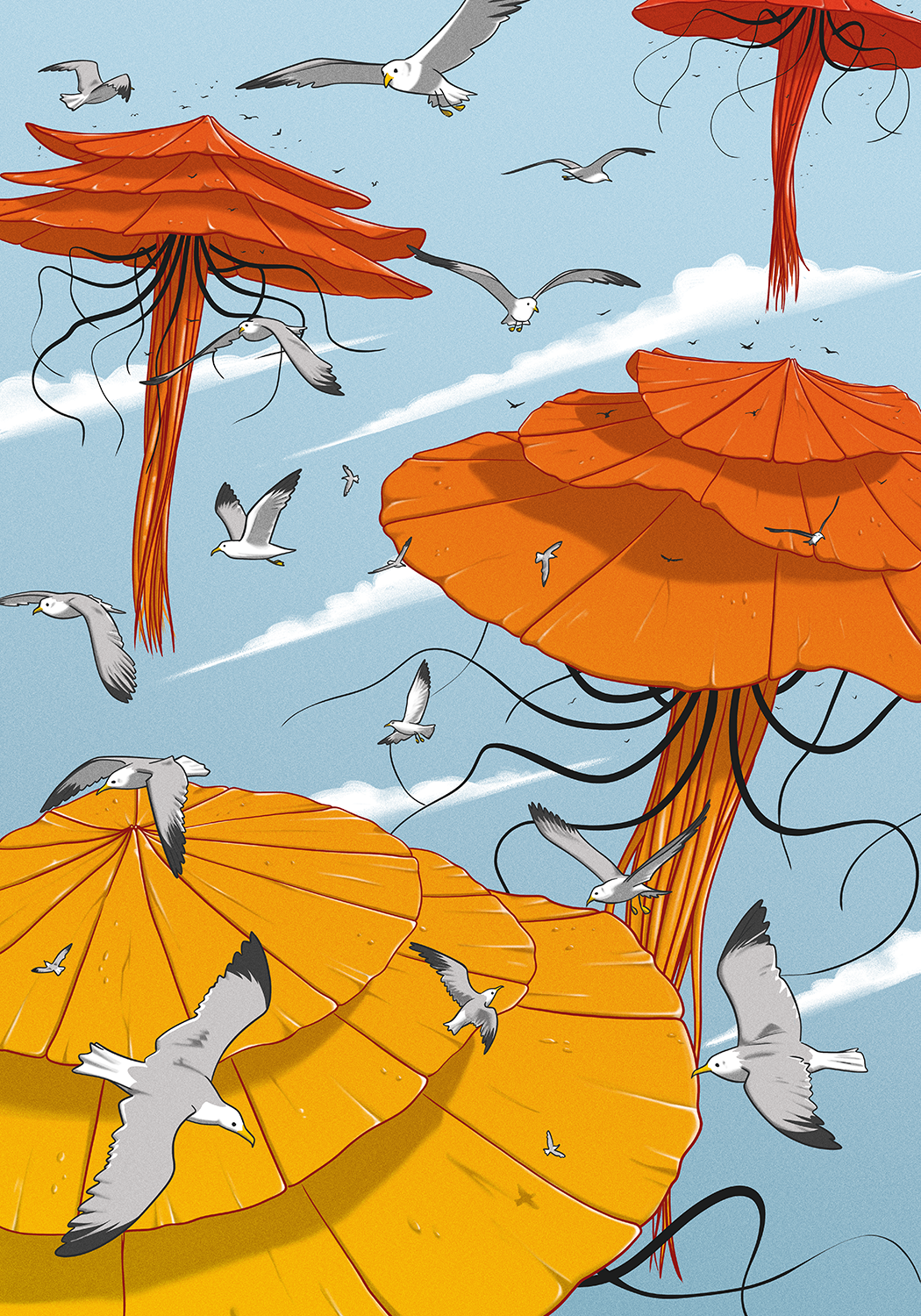 illustrations méduses rouges dans le ciel avec goélands